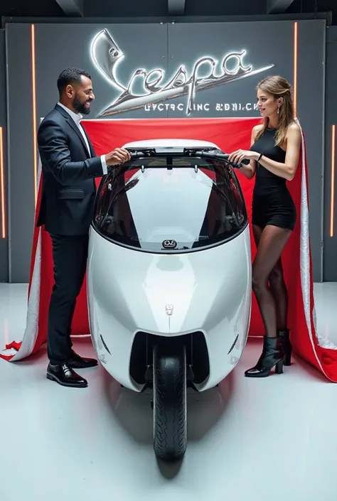 A captivating image of a ( 2025 vespa electric rickshaw)center stage in a luxurious white showroom. The futuristic, vibrant (full white) exterior gleams, showcasing its sleek, aerodynamic design and bold accents. The words ( vespa electric rickshaw) are pr...