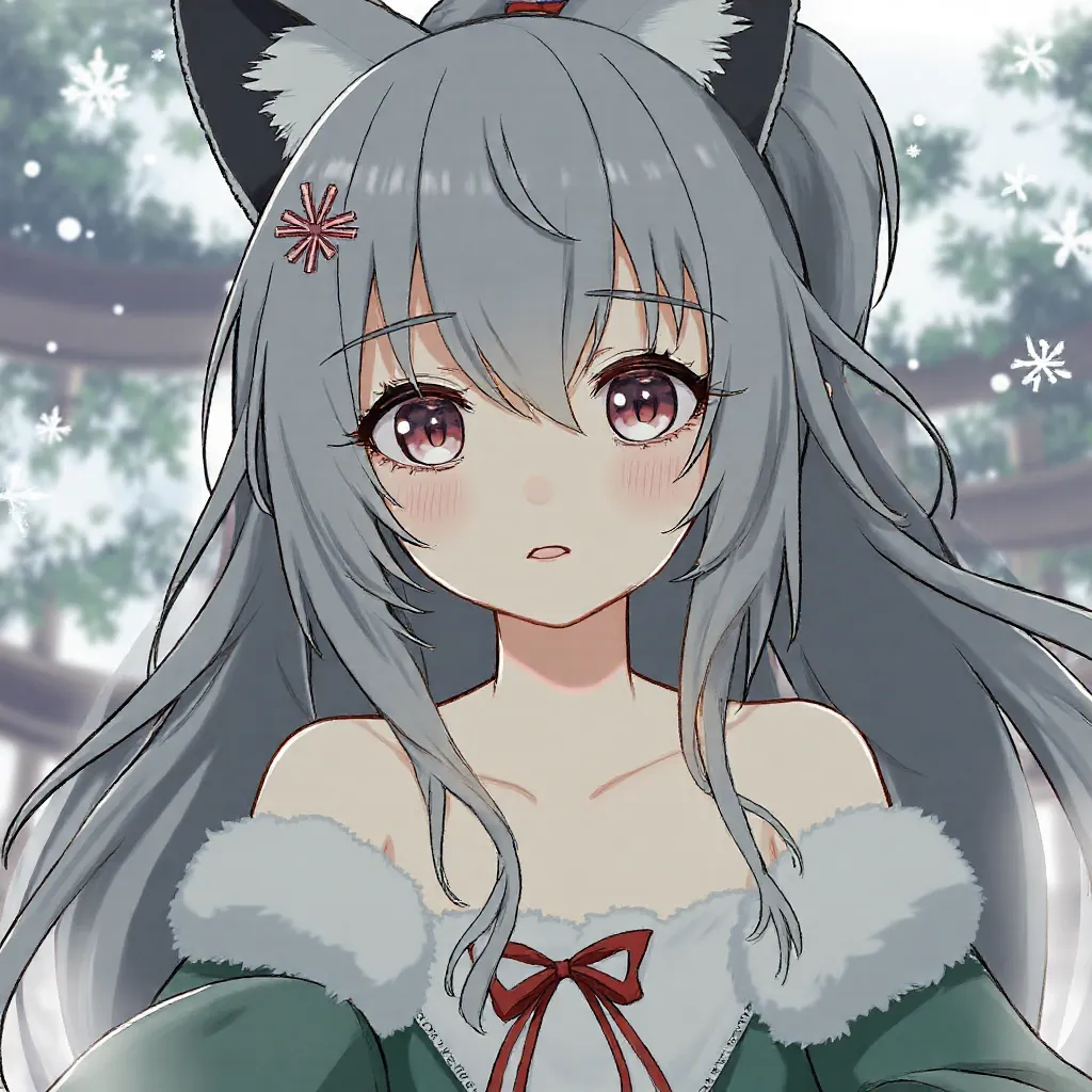 snow, girls on the left,side ponytail,  long hair, anime,  toro face, High Resolution,  blushes, first-person perspective, textured skin, Fox Ears, big breasts, Gray Hair, light blue hair,  Personalization