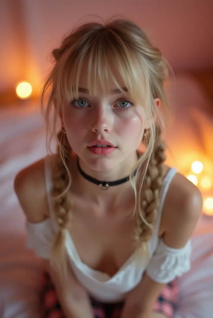 1 girl,  sexy 18 year old girl , pigtails, beautiful face, gorgeous, beautiful, beautiful, beautiful face, pale skin, parts, blonde hair, Blue eyes, full and shiny lips,  big lips,  thick lips,  half-open lips ,  light pink lip gloss , mask, skinny thighs,...