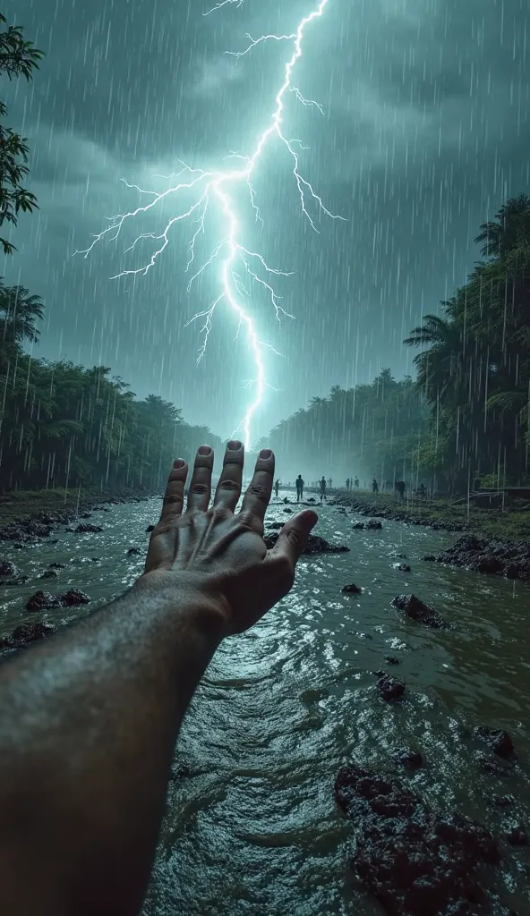 First-person perspective (POV) shot, ultra-hyper-realistic style. year 2500~b.c. The viewer looks up at the sky as the first drops of rain begin to fall, their outstretched hand feeling the cold moisture. The ground, made of packed earth, starts to flood q...