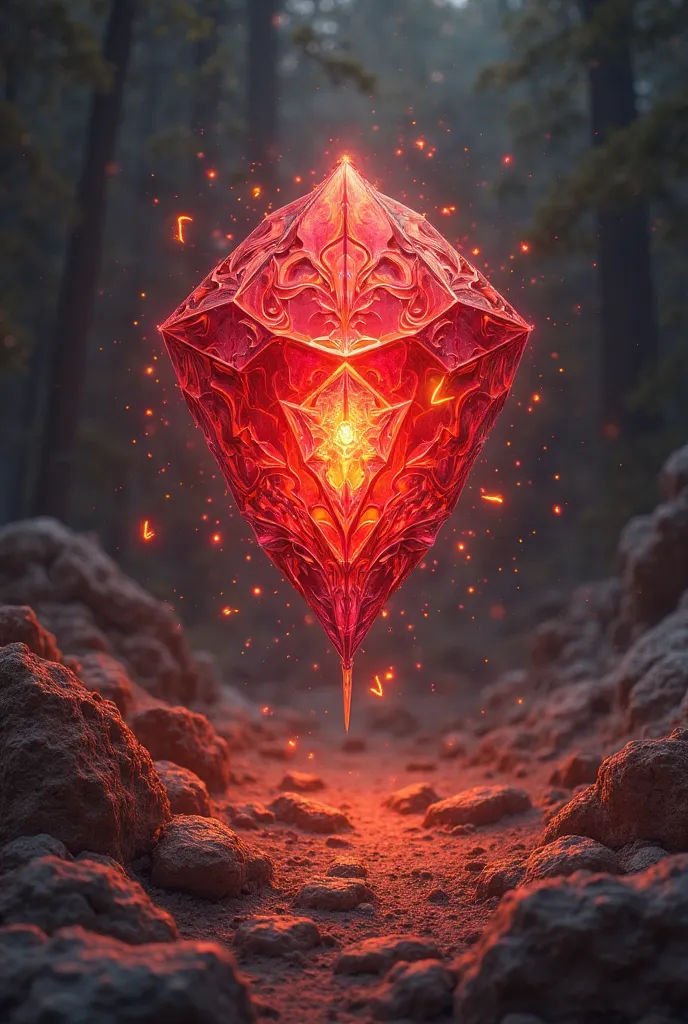 A hand-drawn style glowing red gemstone floating in the air, emitting an intense magical light with radiant energy and mystical particles around it. The gemstone has an intricate and elegant design, appearing ancient and powerful. The background is dark an...