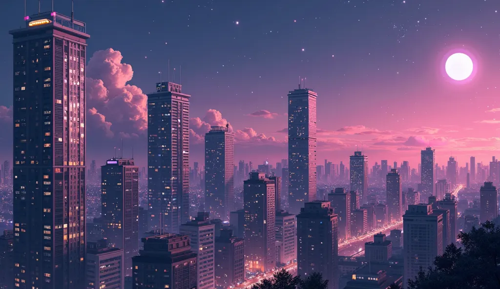 
Let's create a picture of a city in a night anime with a long moon to put the wallpaper but this picture is too small together it has to be chill and romantic anymore with no need to draw people and there are modern high-rise buildings with golden purple ...