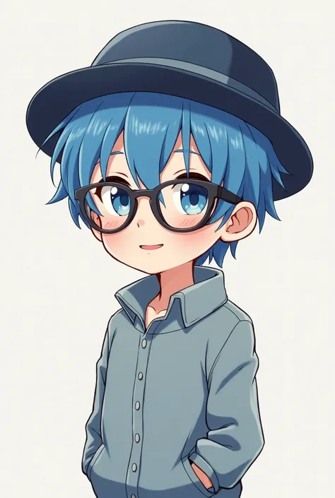 Character boy in anime style with black glasses in a dark blue hat with blue hair, smile, any clothes and a completely relaxed pose

