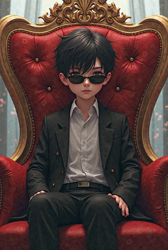 A animy type boy sit in a king chair , he in a black sun glasses 