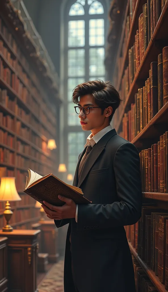 A  in the library with a book in his hand