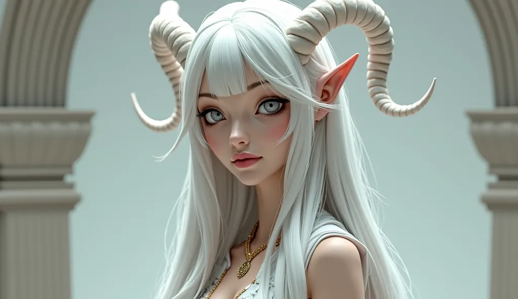 Woman with white horns eyes one white and the other black. She must have long platinum hair and be wearing a white dress with gold details and do it in 3D style