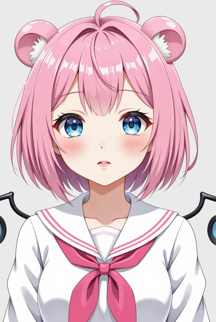 skistyle, 1girl, solo, pink hair, animal ears, blue eyes, wings, looking at viewer, mole, bangs, short hair, bow, sailor collar, simple background, white sailor collar, mole under mouth, hair bow, pink bow, closed mouth, shirt, white shirt, bear ears, bob ...