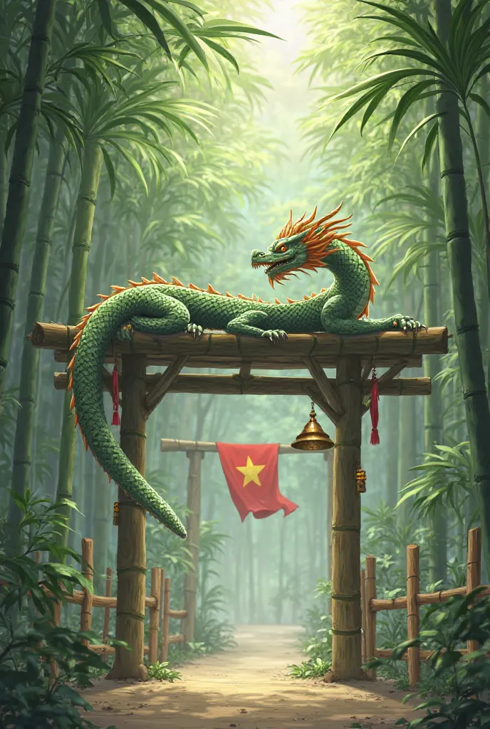 Give me a picture of a bamboo ranch with a dragon with a leaf cone lying on the crossbar and its tail wrapped around the vertical post on the left and a Vietnamese flag hanging from the crossbar