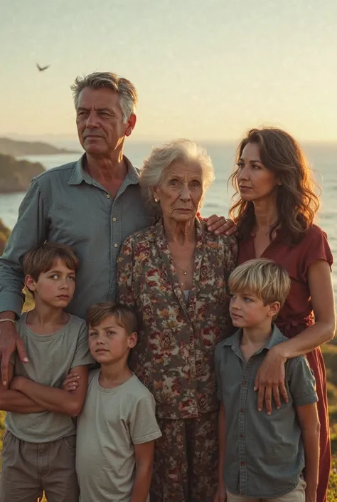 A family made up of a grandmother. a 40-year-old son, a 38-year-old daughter, 4 male grandchildren aged 17, 12, 6 and s looking at the horizon