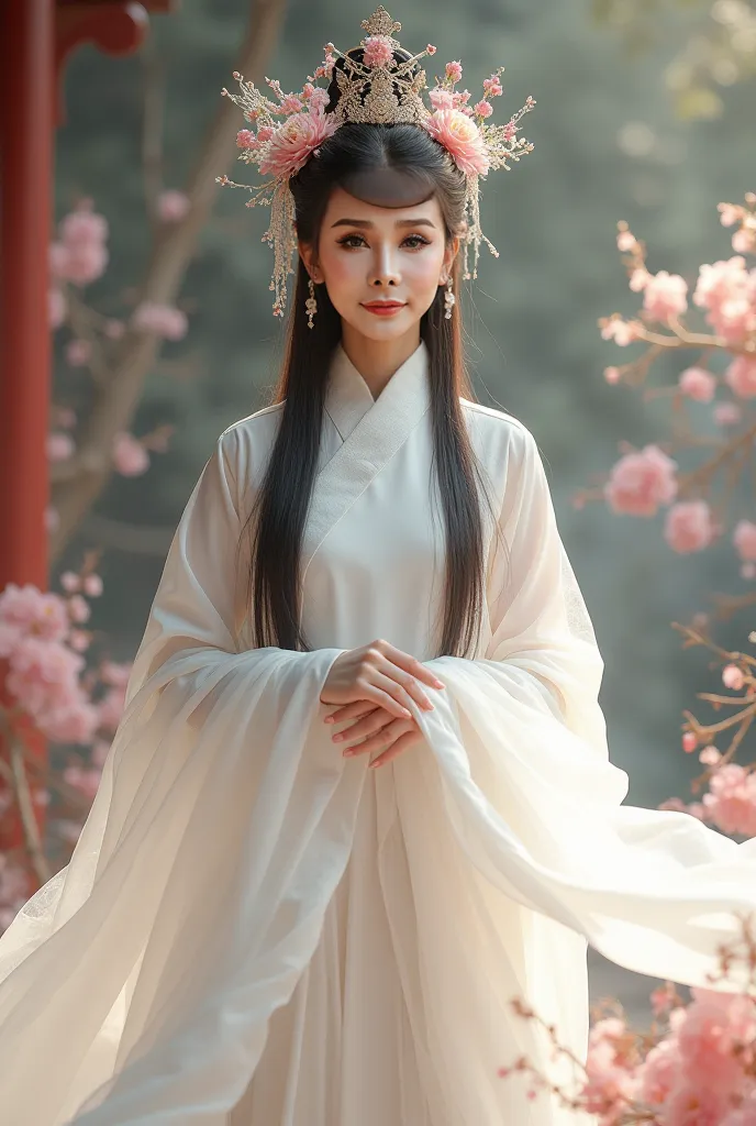 A Chinese princess, a woman with long straight hair, wears a white Chinese dress with elegant, simple long shoulders, an abundance of floral hair ornaments, high hair boxing in a palace with flowers, looking at the camera, holding a long white cloth, a lot...