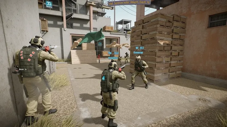 An in-game screenshot of the first-person shooter Counter-Strike, where two army soldiers with blue triangles on their shoulders and white dots around them fight against three masked casual characters wearing green or beige that have red squares all over t...