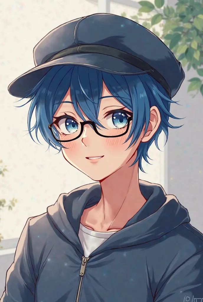 Character boy in anime style with black glasses in a dark blue hat with blue hair, smile, any clothes and a completely relaxed pose 18 Years
