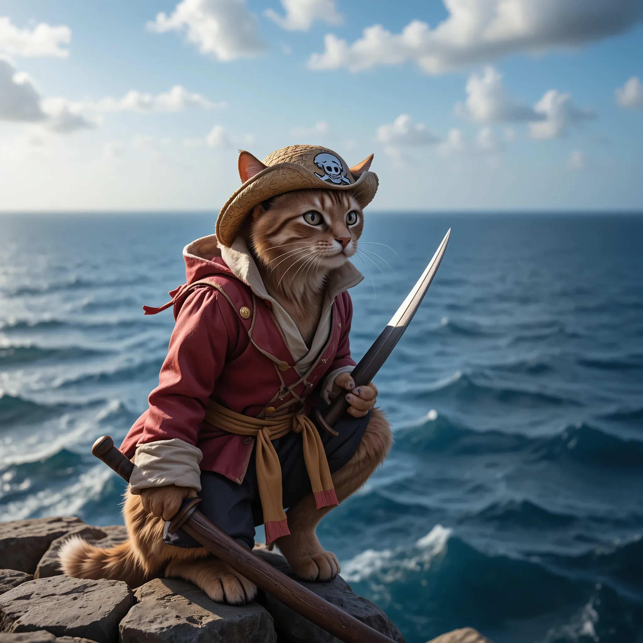 un chat pirate mignon portant une tenue de One Piece avec un chapeau de paille, il lève son sabre et se tient sur une falaise, regardant en bas un océan orageux, une nouvelle aube se lève à l'horizon, photographie de haute qualité, éclairage 3 points, flas...