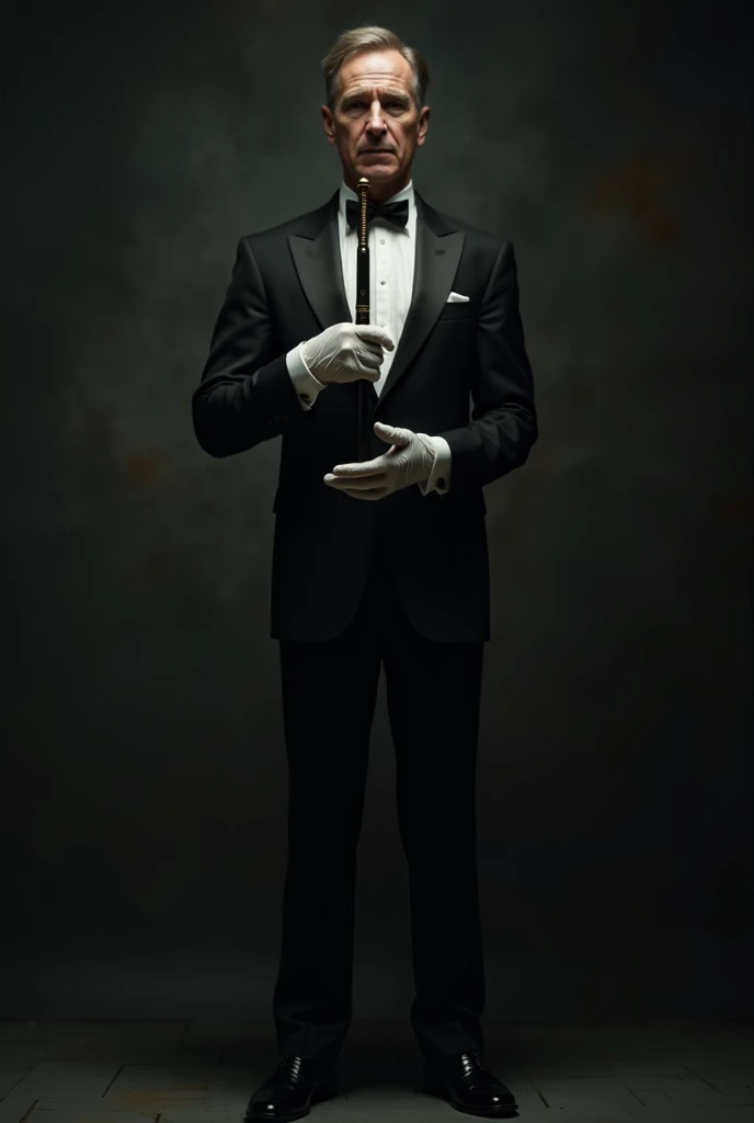 A male butler, 45 years old in white gloves and a solid suit, holds something long in his hands against a dark background