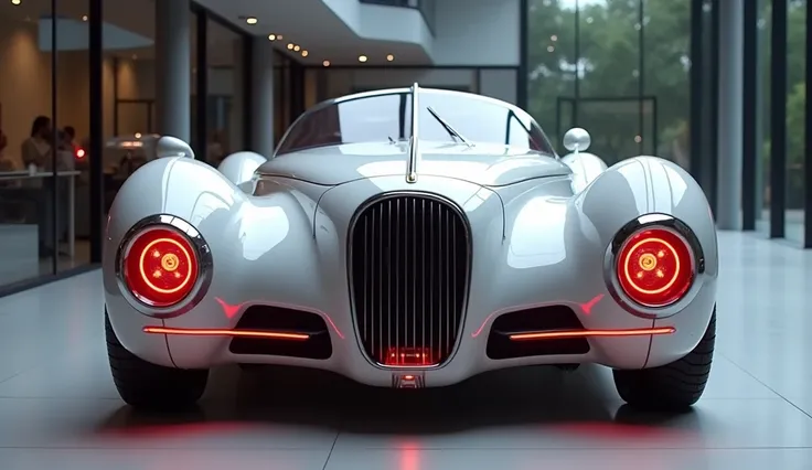 
"A highly detailed, ultra-HD image of a futuristic classic car’s front view. The car has a glossy white finish with smooth, aerodynamic curves. Its round headlights feature striking red LED halos, while the large illuminated front grille showcases a retro...