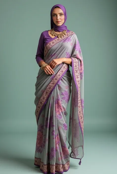 A stunning woman in her twenties is elegantly dressed in a designer printed saree, featuring a full-sleeved blouse and a gracefully draped long lilac and jade coloured georgette saree. She wears a matching printed hijab that beautifully and traditionally c...