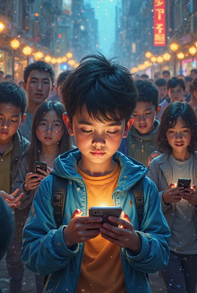 Design a picture of a boy looking at his cell phone and using Facebook, and people around him doing the same, surrounded by boys and girls, old and young