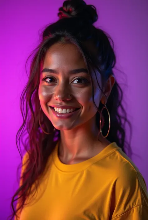 Beautiful young woman super well detailed imperfect skin, latina, Venezuelan.  oil effect, 8K, Nikon f 2/8 a bit thick nose, Thick build, yellow t-shirt and purple studio background illuminated by a flash,  full body,  In front of her, a latest-generation ...