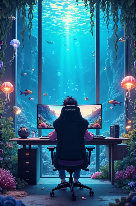 Blue gamer room with anime sea aesthetics