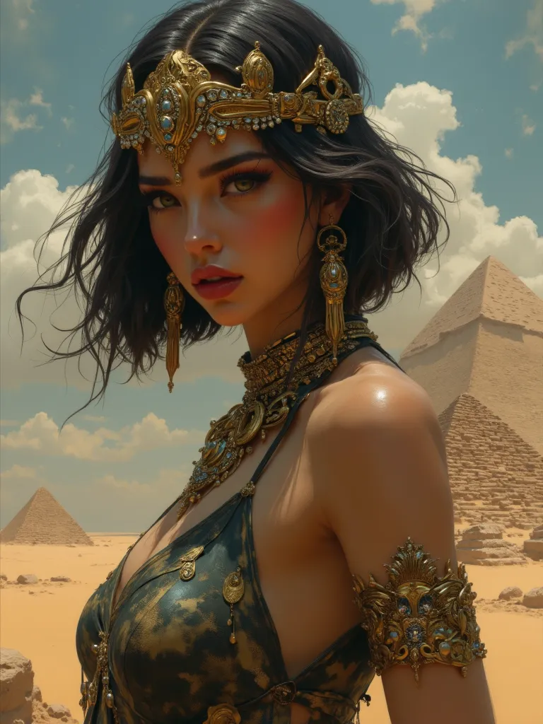 (( real :1.5)),(()), ((masterpiece)),((  girl )), cute young Queen Cleopatra，Lean red meat not body， bob hairdo . Style bijoux en or .  peau légèrement brune , One hand on the waist， big, round, firm breasts，#11: thick,  Short, dark hair ,   girl  green ey...