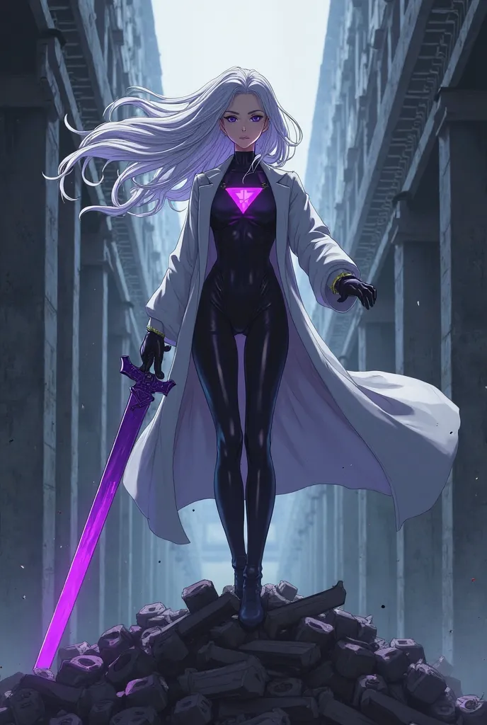 Imagine a guy standing on top of a pile of s he's tall, long white hair loose in the wind, has a large purple sword in her hand and wears a white overcoat, black bodysuit with purple triangle in the middle of the chest. looking down toward the camera. them...