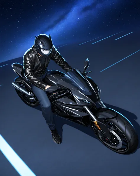 Boy riding a black sports bike、black jacket with jeans、Black shoes、Night Sky、The breath turns white、Take off the blue full-face helmet