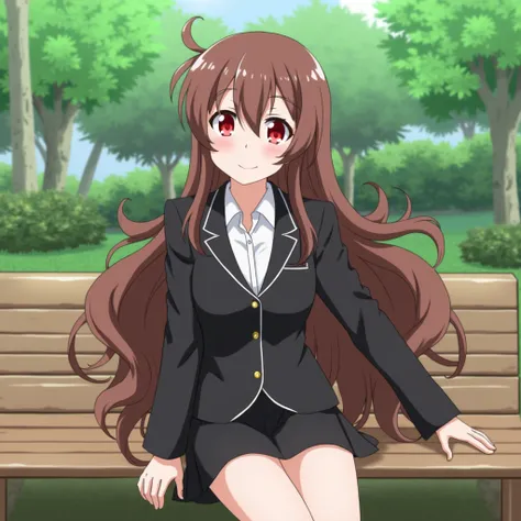 Yunyun from animated series, Konosuba. She wears a black suits with miniskirt. She had red glowing eyes, smiling but blush. She sits in the park on daytime. 1girl, Red Eyes, Long Hair, Brown Hair, Light Smile