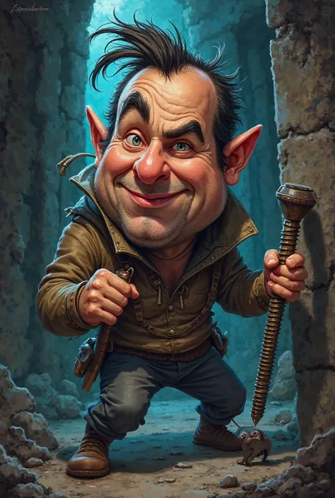 Caricature of a thief with hair and thick eyebrows with a bolt in his hands