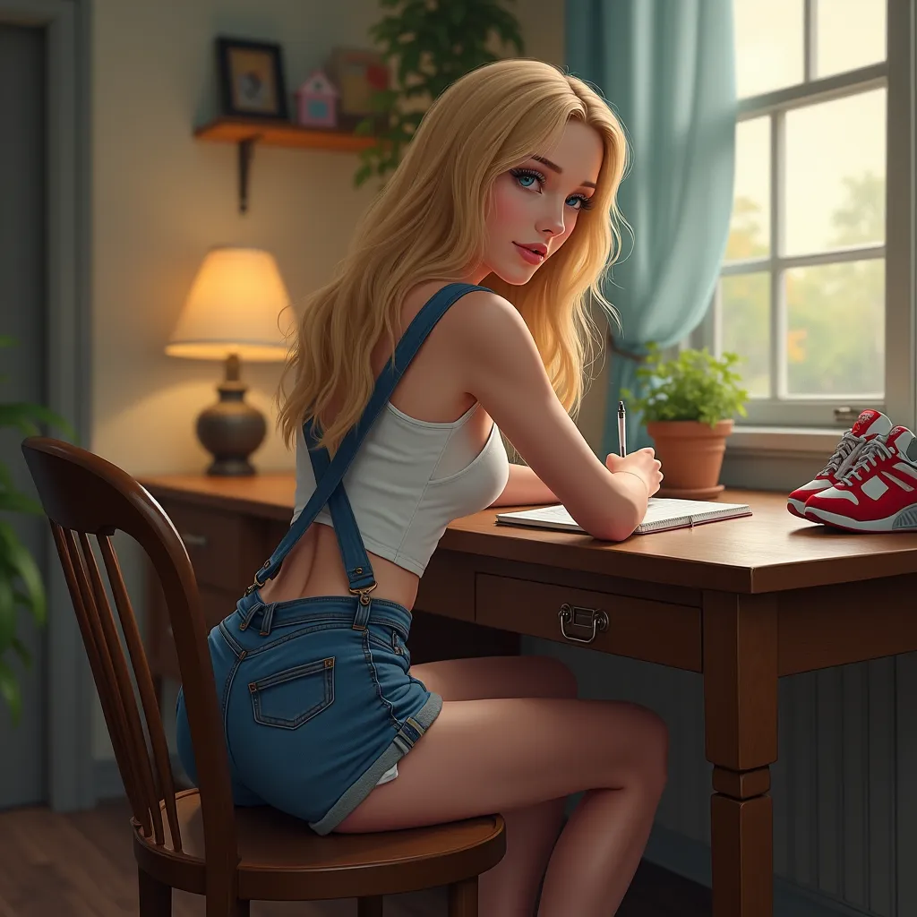 anime woman, long blonde hair, blue eyes, White tank top, blue denim overalls, toned arms, at home, indoors, sitting in desk, writing on notebook, calm expressionless face, wearing red sneakers, evening, leaning forward, arched back, round rear, from right...