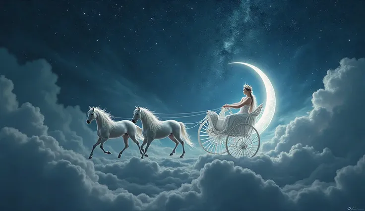 Selene drives her radiant chariot across the night sky, her horses gleaming white like stars. The moonlight bathes the earth in soft silver light, while her crescent crown glows. She gazes lovingly at her mortal lover, Endymion, sleeping eternally beneath ...