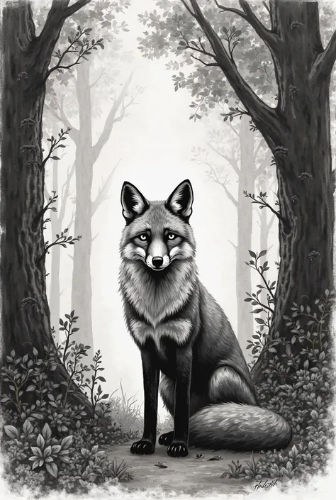 creat a drawing page without colors about a fox in forest