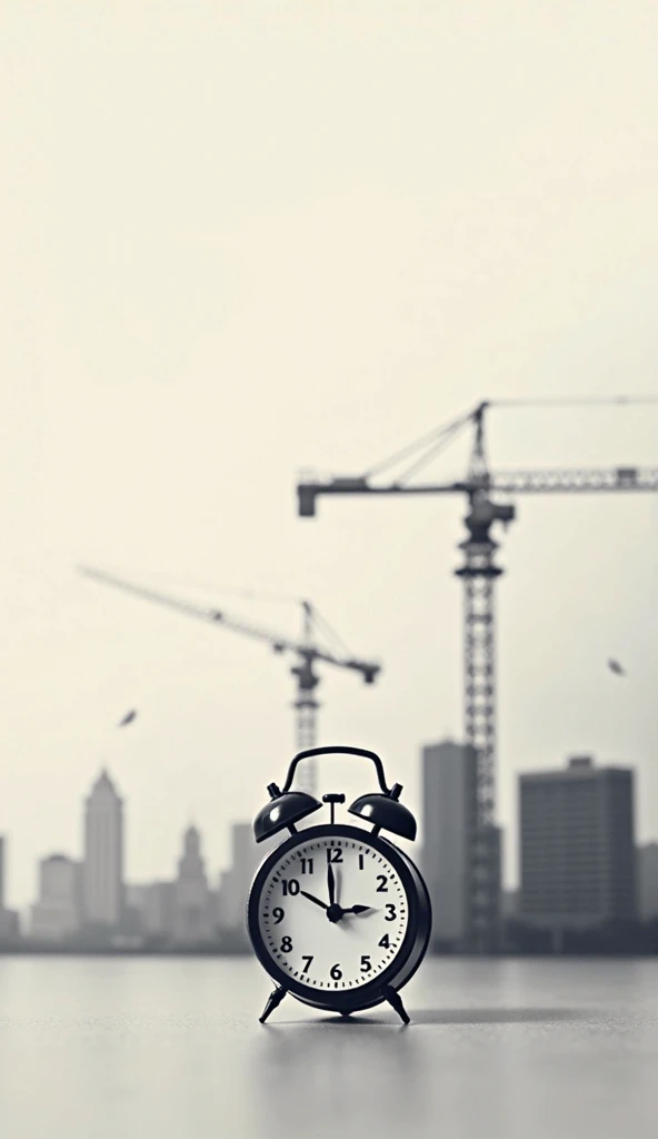 A professional and minimalist composition featuring a classic watch or clock subtly blended with elements of urban construction. The background is soft and neutral, with a slight blur effect on the clock, while the foreground showcases a developing citysca...