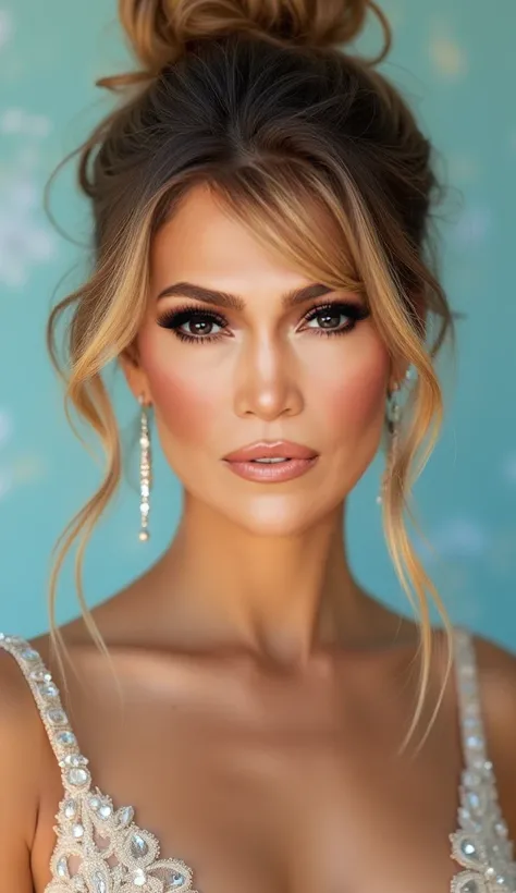 A stunning woman with radiant, sun-kissed skin, high cheekbones, and full lips. Her light brown eyes are highlighted by bold eye makeup, and her lips have a glossy nude shade. She has a voluminous, tousled updo with golden-brown highlights framing her face...