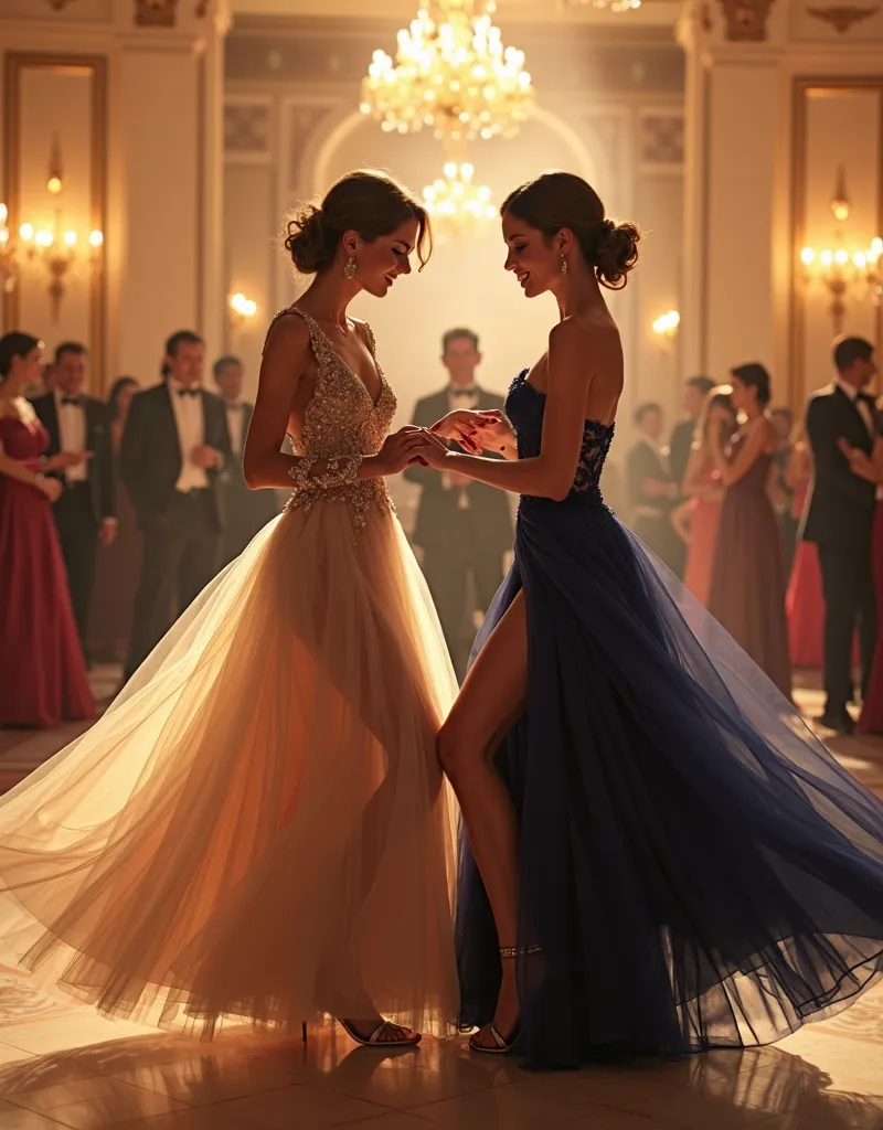 A breathtaking ballroom scene, inspired by Monaco’s most prestigious galas. Louise and Nina, two stunning women, dance gracefully, their radiant smiles reflecting the joy of the evening. Louise, in her embroidered beige tulle gown, and Nina, in her midnigh...