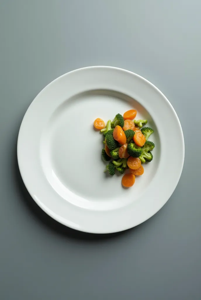 A nearly empty plate, sparsely arranged with a small portion of steamed vegetables, depicting a dieter's meal. Muted color palette, overhead studio lighting, stark presentation emphasizing the scarcity.