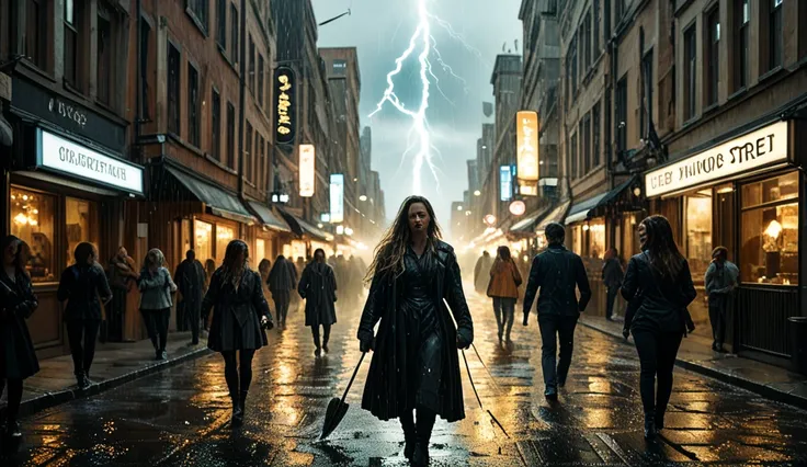 Create a hyper-realistic photograph of a humanoid figure standing in the middle of a bustling city street, with hands open and palms facing up, pulling in bolts of lightning and thunder. As the figure's eyes gradually turn electric blue, the background com...