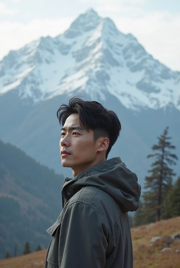 A handsome Korean Oppa-like guy in his 20s is looking at the mountain scene wearing a hoodie suit in the photo from behind