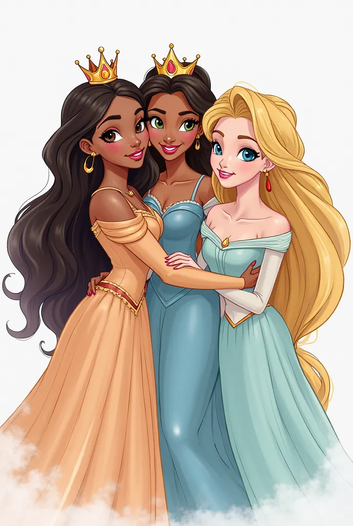 Draw princesses: Tiana with fair skin and green eyes but her crown, Jasmine with blond hair, with blue eyes and fair skin, and Rapunzel with brown hair to the waist and blue eyes. Picture them in a modern style as hugging.