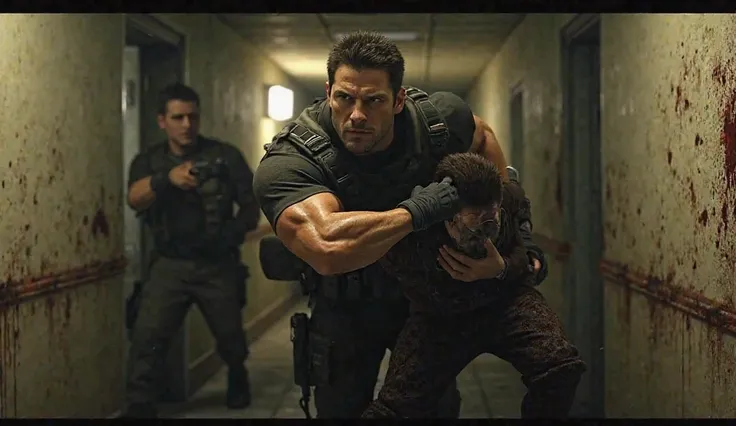 Cena do Chris Redfield, do Resident evil 6, Running pulling a man down a corridor, Under gunfire.