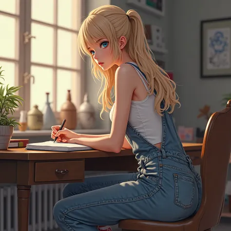 anime woman, long blonde hair, blue eyes, White tank top, long blue denim overalls, toned arms, at home, indoors, sitting in desk, writing on notebook, calm expressionless face, wearing red sneakers, evening, leaning forward, arched back, round rear, from ...