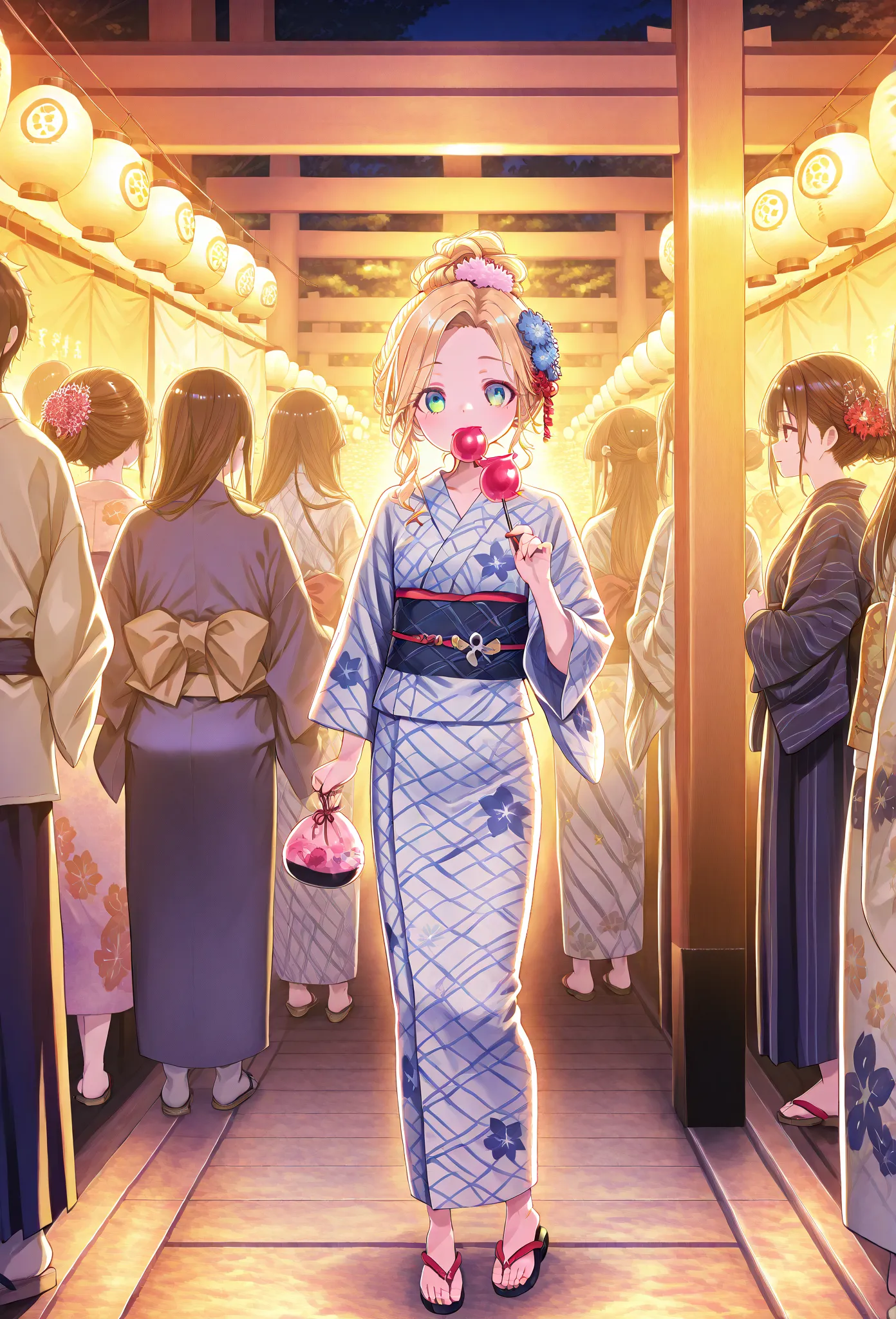    young  , color々 hairstyle,yukata,stall,Sandals,fair,holding food,Candy apples