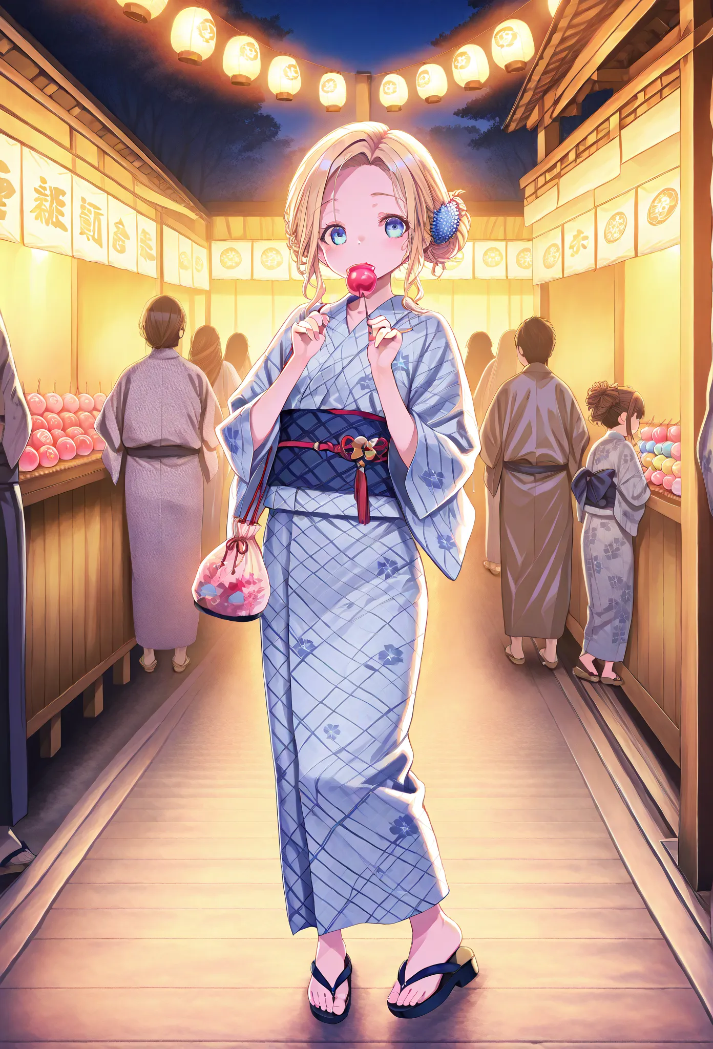    young  , color々 hairstyle,yukata,stall,Sandals,fair,holding food,Candy apples