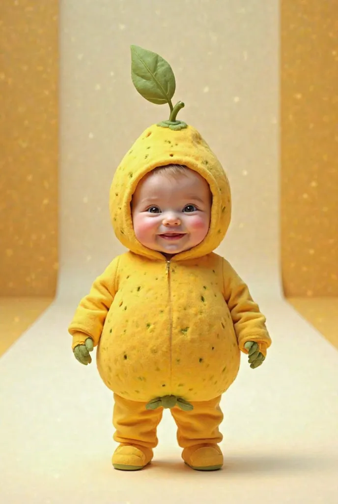 Cuddly baby standing in a guava costume on a catwalk 


