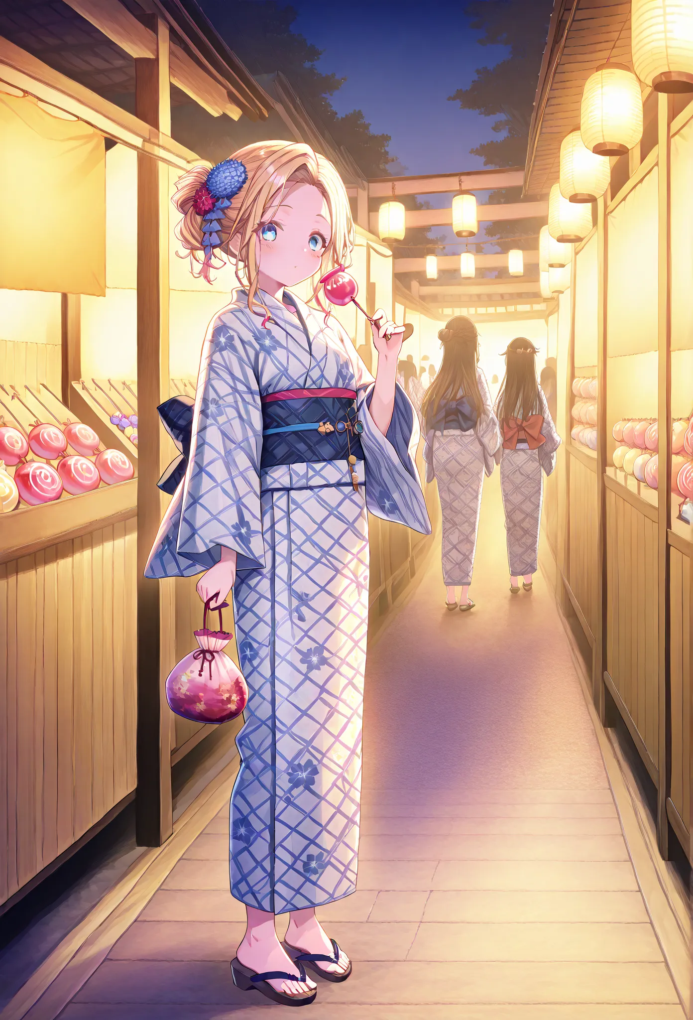    young  , color々 hairstyle,yukata,stall,Sandals,fair,holding food,Candy apples