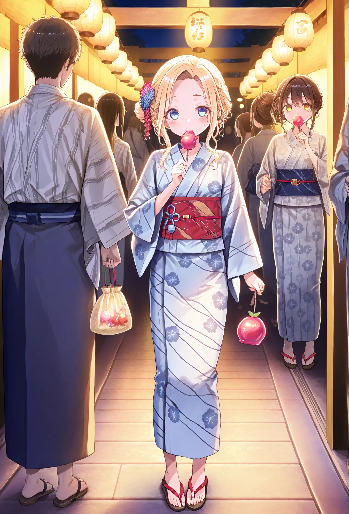    young  , color々 hairstyle,yukata,stall,Sandals,fair,holding food,Candy apples