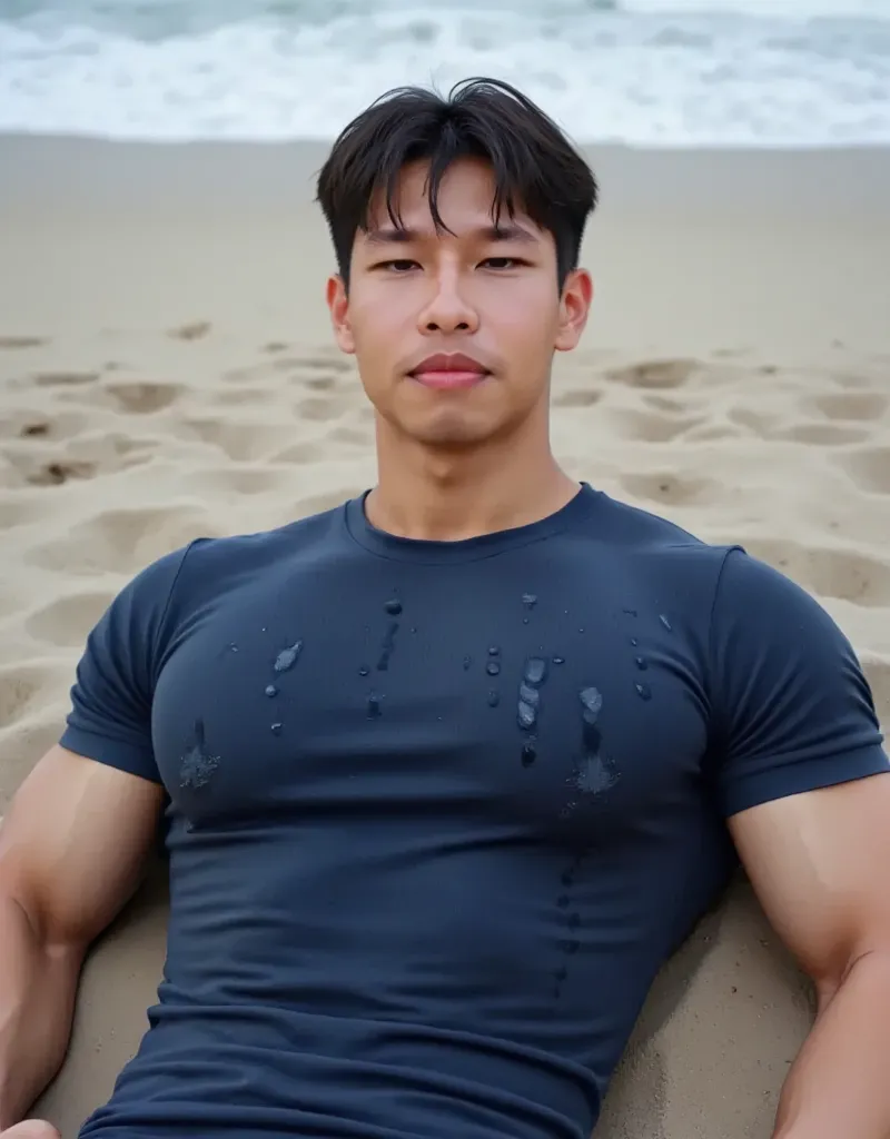  handsome korean man ,(Wear a navy short-sleeved crew neck top:1.5),  Big muscles. Lie on the floor , ( Cum on Face:1.8),Lying on the sand, by the sea, he wept in agony, with a slight bruise of blood on his cheek. ,, Nail marks on the face, ( Cum on Face:1...