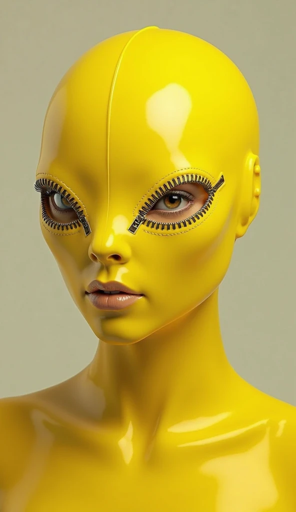 Create an image of a yellow latex mask that covers a head and is very tight. Some zippers in the eyes and mouth