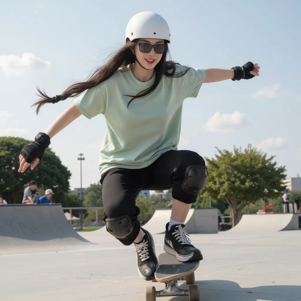 A beautiful Thai elder woman with long flowing hair, wearing a white helmet, sunglasses ,light green oversized  t-shirt , black sport pants, gloves, knee and elbow pads, and strip patterns sneakers, is skateboarding at a skate park. She performs profession...