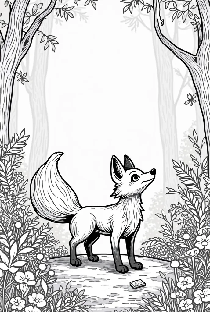 creat a coloring page without colors just black and white about a fox in forest