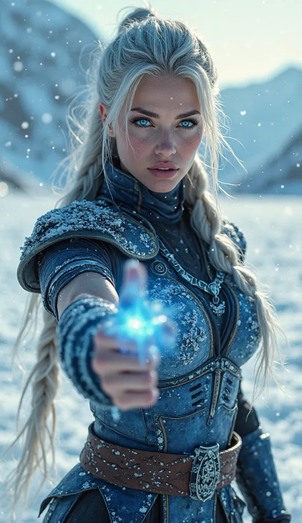 **(Photorealism:1.2), a hyper-realistic promotional still of an extremely beautiful and powerful female warrior inspired by Sub-Zero from Mortal Kombat 11, standing in a dynamic and immersive snowy landscape. Her piercing blue eyes glow with an icy intensi...